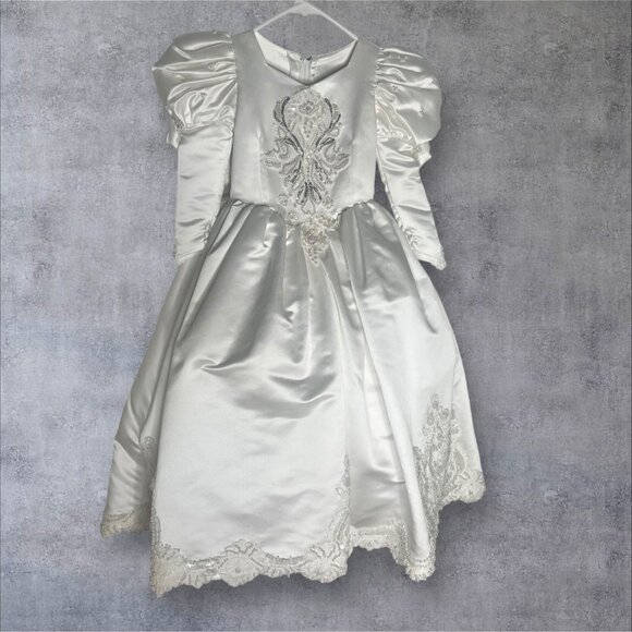 White Satin Girls Dress W/ Embroidered Lace & Beaded Wedding baptism - Picture 12 of 14